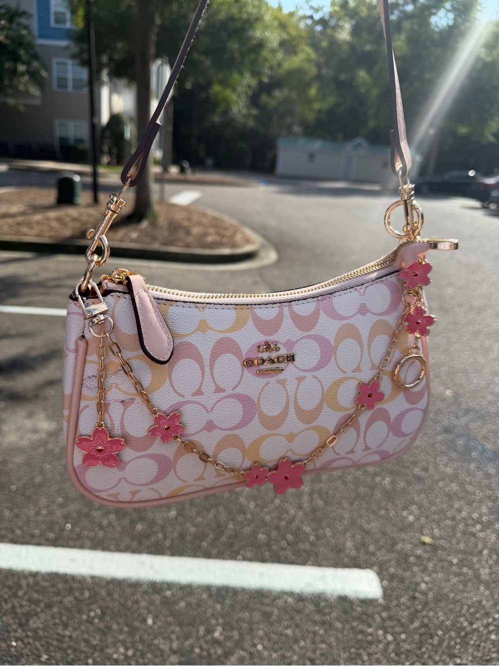 COACH Pink Multi Signature Mini Shoulder Bag with Floral Charm Chain